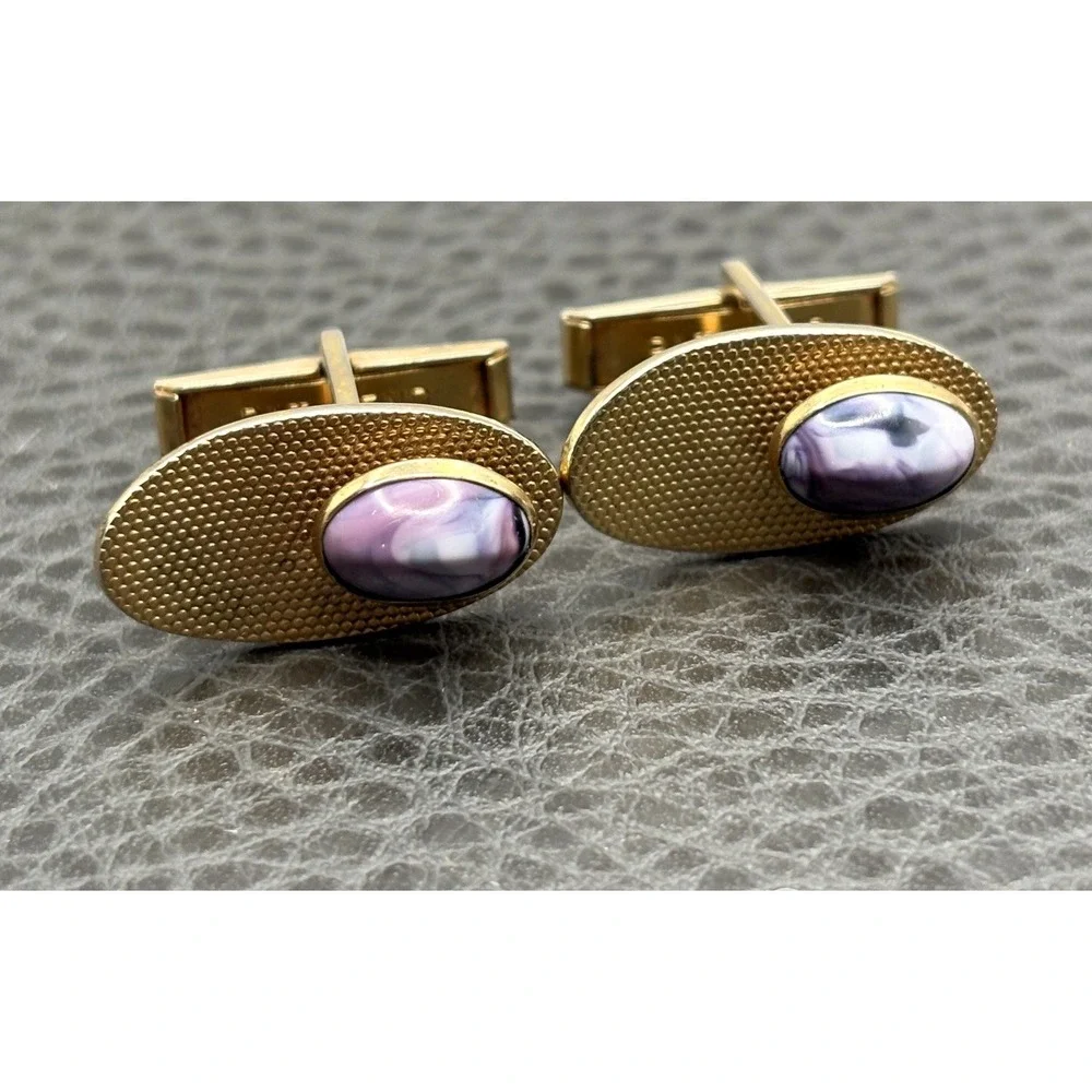 Vintage Oval Textured Purple Swirl Cufflinks Pat Pend Modernist Abstract